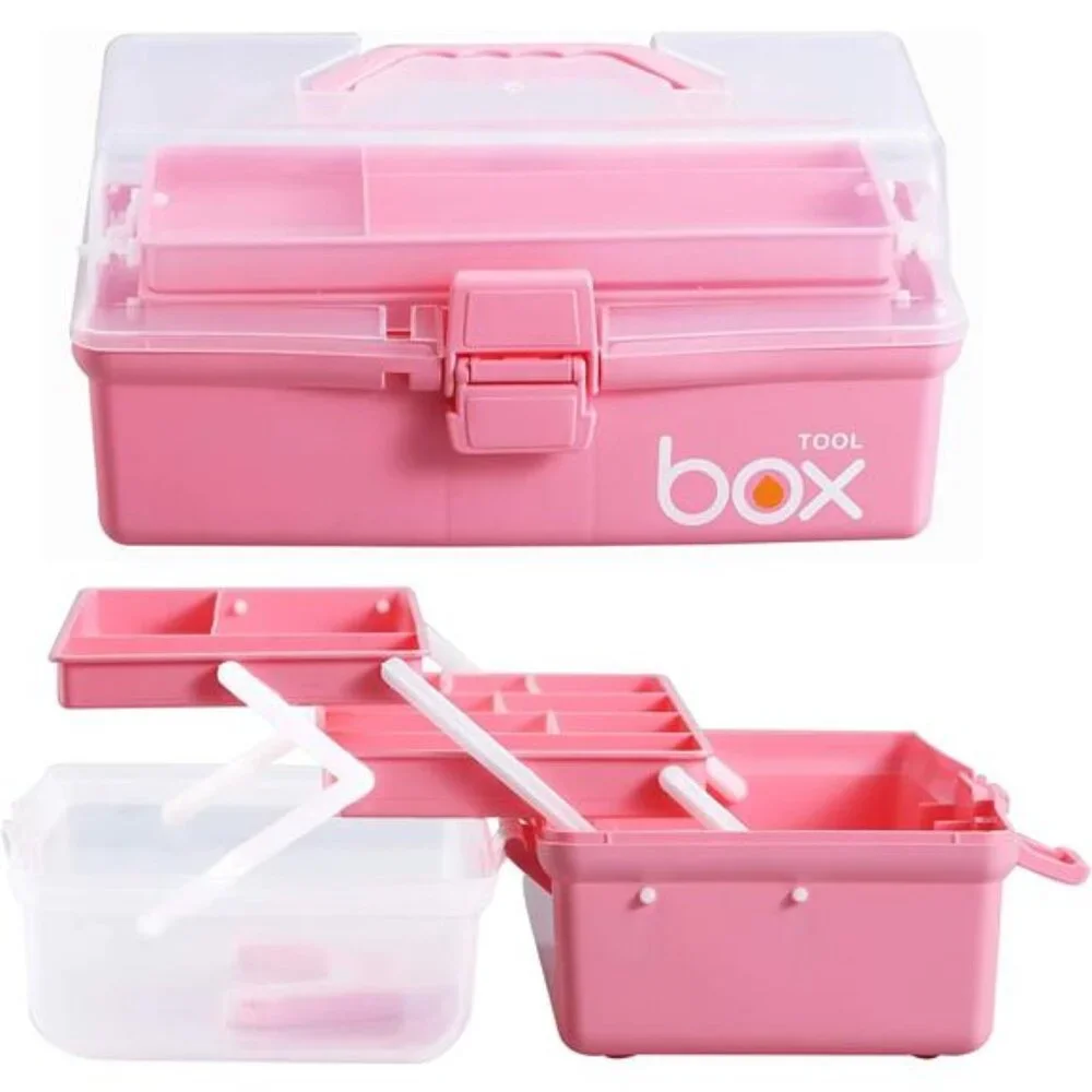 12'' Three-Layer Clear Plastic Storage Box with Handle, Craft Tool Box, 3 Layer